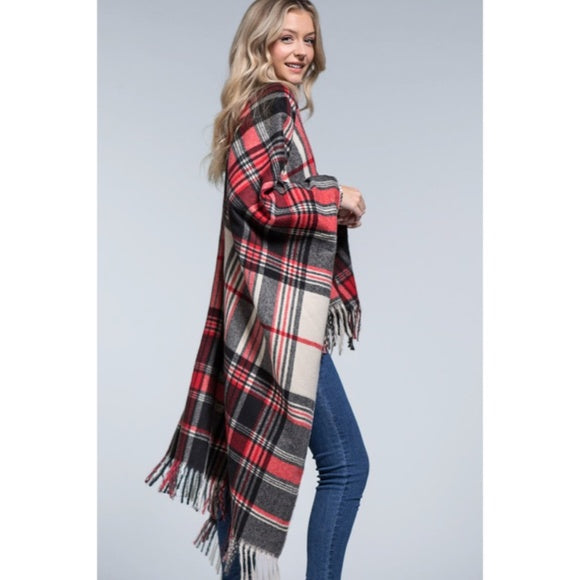 Scarlet Red Holiday Plaid Fringe Accent Knit Fall Winter Ruana Wrap Open Poncho