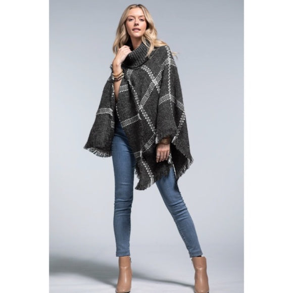 Charcoal Windowpane Turtleneck Knit Pocho Frayed Hem Womens One Size Winter