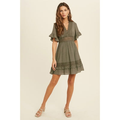Dainty Olive Green Bohemian Crochet Lace Trim Ruffle Short Sleeve Mini Dress