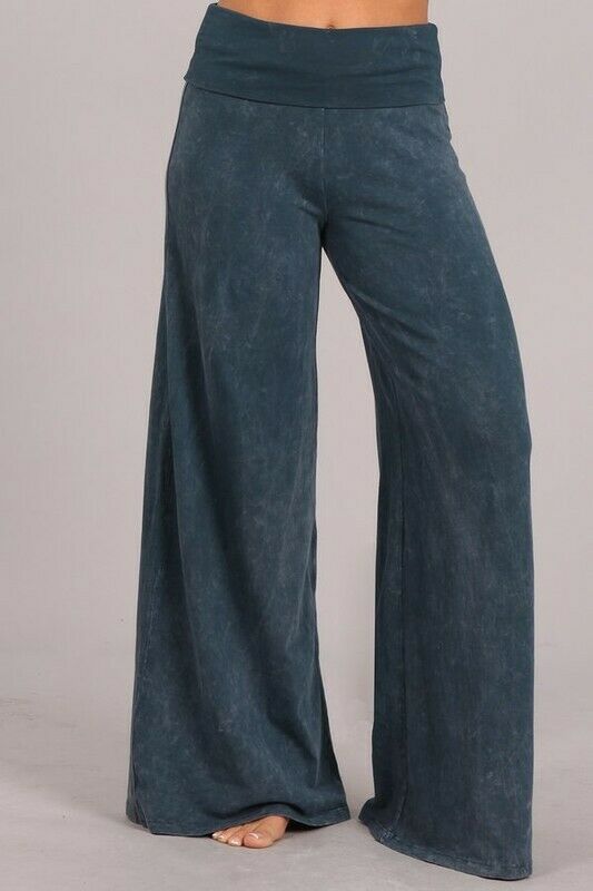 Blue Gray Mineral Wash Wide Led Foldover Over Waistband Casual Boho Womens Pants