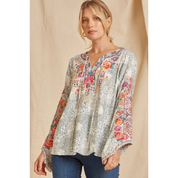 Colorful Boho Floral Embroidered Long Sleeve Tie Woven Blouse Casual Women's