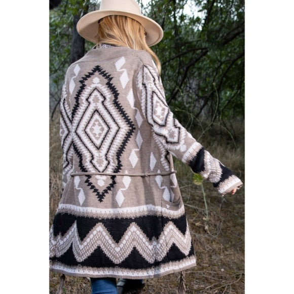 Aztec Tribal Western Patterned Knit Belted Open Cardigan Sweater w/ Pockets
