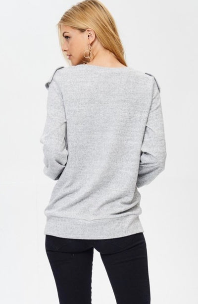 Gray Ruffle Knit Light Sweater Long Sleeve Casual Shirt Women