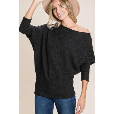 Black Solid Ribbed Off Shoulder Dolman Sweater Knit Casual Womens