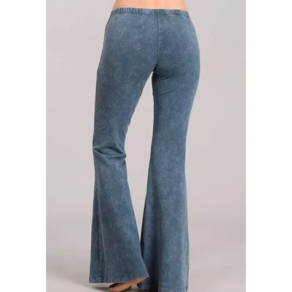 Steel Blue Boho Mineral Wash Flared Bell Bottom Stretch Pull On Pants Womens
