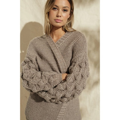 Khaki Pompom Sleeve Knit Open Cardigan Boho Sweater Casual Womens
