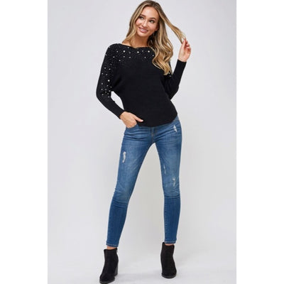 Black Pearl Accent Trim Knit Long Sleeve Pullover Holiday Women's Casual Sweater
