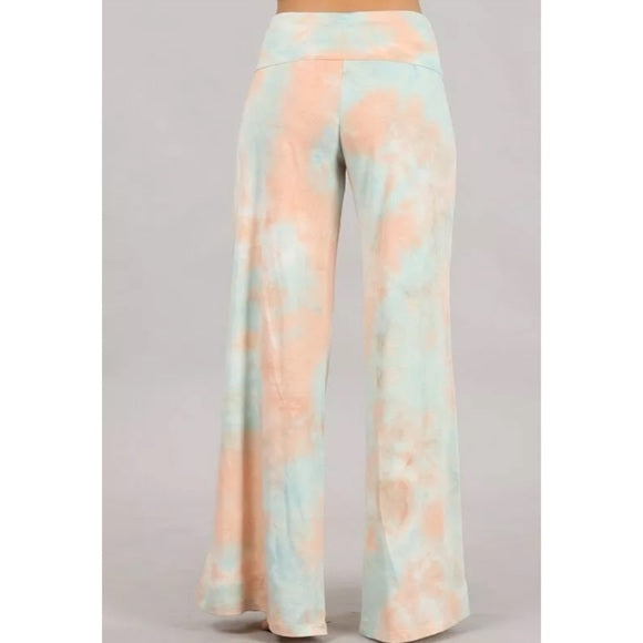 Peach Mint Tie Dye Wide Leg Palazzo Relaxed Fit Foldover Waist Lounge Pants