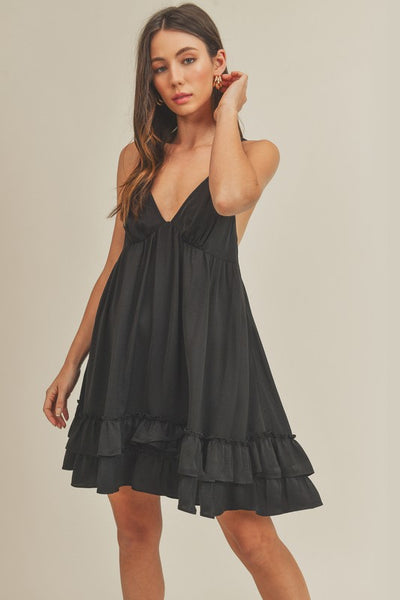 Sonia - Black Tiered Ruffled Hem Flirty Slip Mini Dress