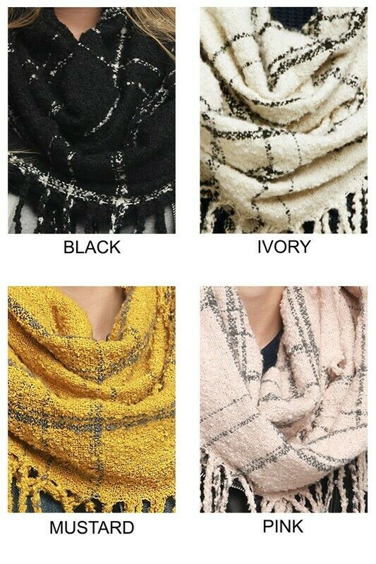 Ivory Plaid Soft Infinity Knit Tassel Fringe Womens Scarf