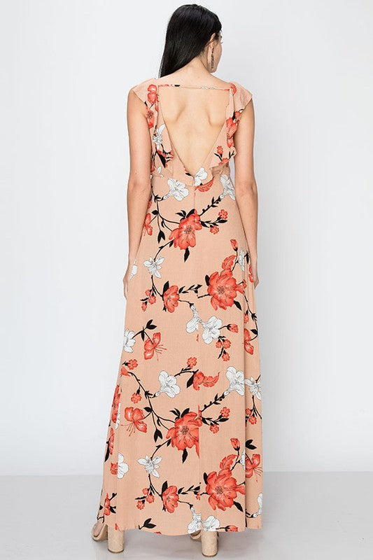 Taupe Deep V Faux Wrap Floral Cherry Blossom Open Back Maxi Dress
