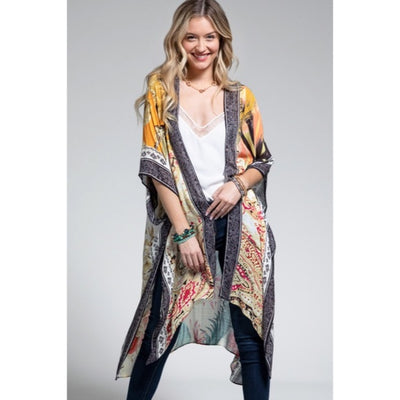 Tahiti Colorful Tropical Floral Vacation Open Kimono Wrap Coverup Top Women's