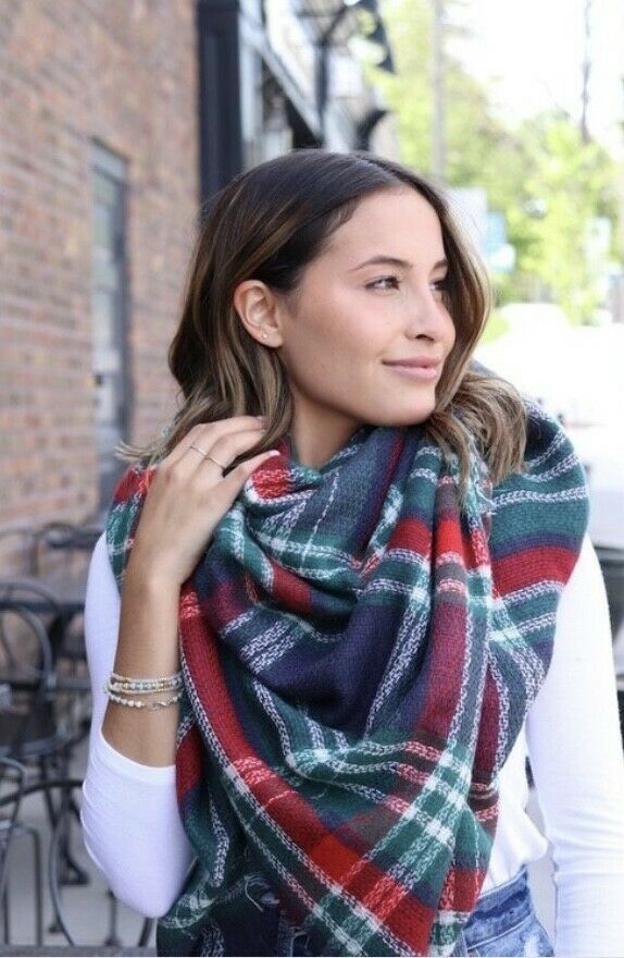 Navy Red Green Holiday Plaid Winter Blanket Scarf Winter Casual