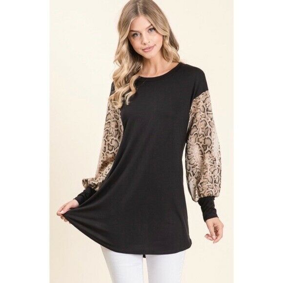 Black Snakeskin Print Relaxed Long Sleeve Top Casual Womens
