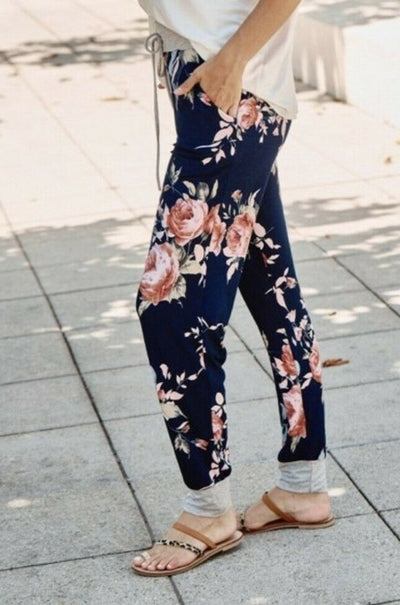 Navy Floral Print Casual Jogger Sweatpants Lounge Pants Womens