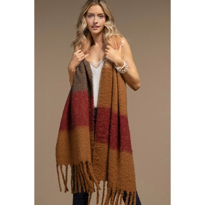 Almond Plush Wide Stripe Oblong Scarf Winter Women's Casual Knit Extra Long