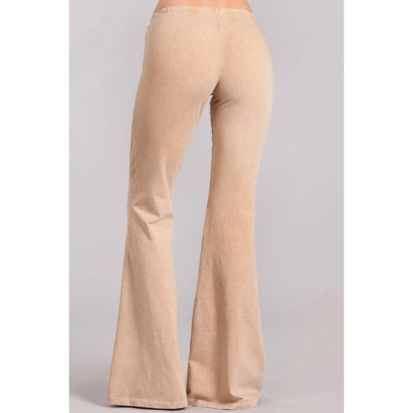 Beige Boho Mineral Wash Flared Bell Bottom Stretch Pull On Pants Womens
