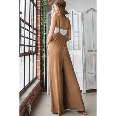 Camel Bohemian Solid Convertible Oversized Wide Leg Casual Jumpsuit w/ Pockets