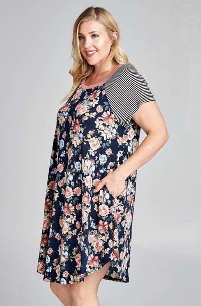 Plus Navy Blue Striped Floral Print Dress Tunic Pockets Casual