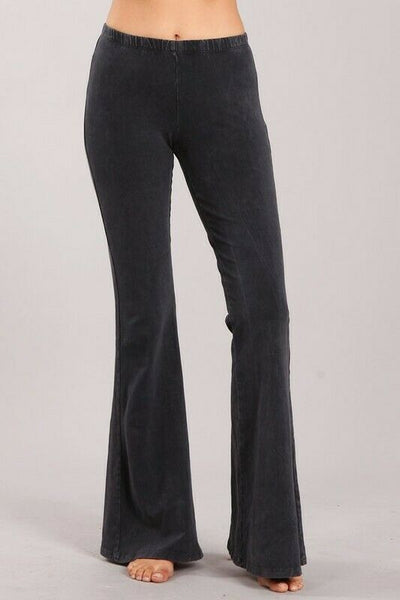 Dark Gray Boho Mineral Wash Flared Bell Bottom Stretch Pull On Pants Womens