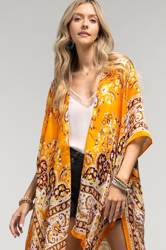 Clementine Bohemian Floral Motif Kimono Wrap Coverup Open Summer Casual Top