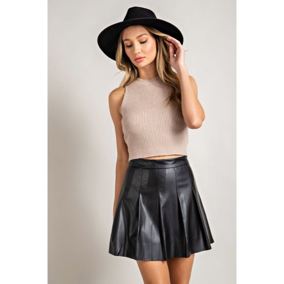 Black Pleated Faux Vegan Leather High Waist Mini Skirt Women's Date Night Flirty