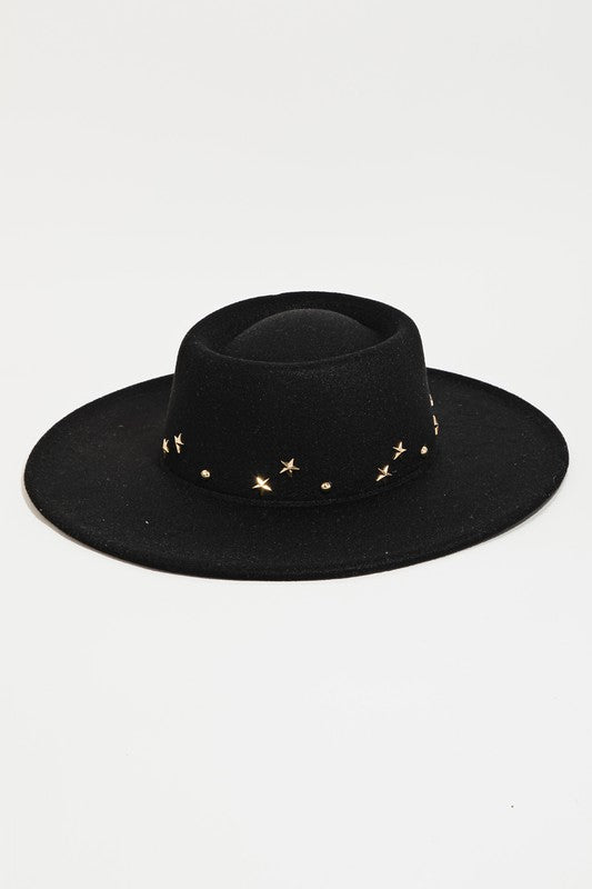 Black Gold Star Studded Fedora Western Bohemian Festival Hat