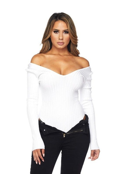 White Ribbed Knit Off Shoulder Long Sleeve Sexy Bodysuit