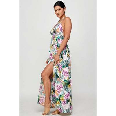 Purple Tropical Floral Palm Vacation Cruise Summer Sexy Slit Maxi Halter Dress