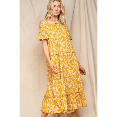 Moss Yellow Floral Flowly Bohemian Tiered Off The Shoulder Casual Midi Dress
