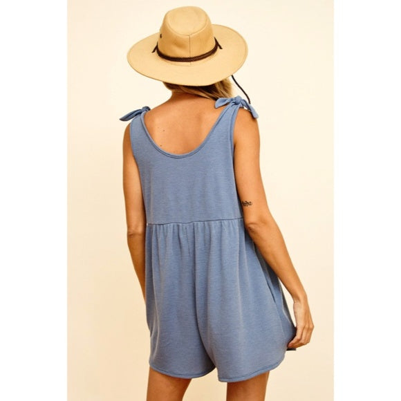 Blue Washed Denim Thermal Sleeveless Tie Romper w/ Pockets Boho Casual Summer