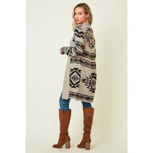 Taupe Rainbow Multi Colored Aztec Tribal Jacquard Open Knit Cardigan Sweater