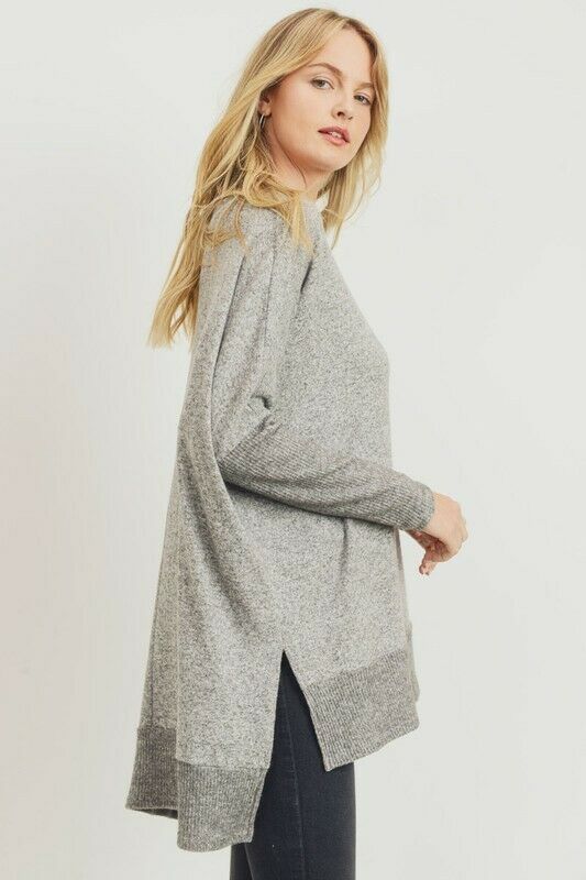 Heather Gray Brushed Soft Knit Boxy Fit Side Slit Long Sleeve Tunic Top Womens
