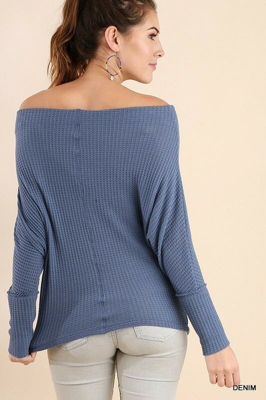 Umgee Denim Blue Knit Off Shoulder Long Sleeve Batwing Casual Solid Top