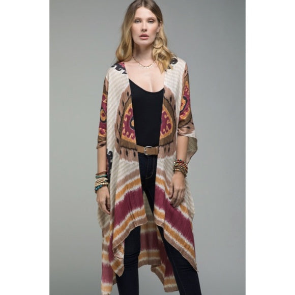 Bohemian Mandala Inspired Stripes Side Slit Kimono Coverup Wrap Casual Women's