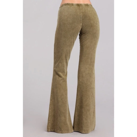 Light Olive Boho Mineral Wash Flared Bell Bottom Stretch Pull On Pants Womens