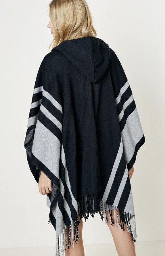 Black Hooded Fringe Knit Striped Sweater Shawl Ruana Womens One Size