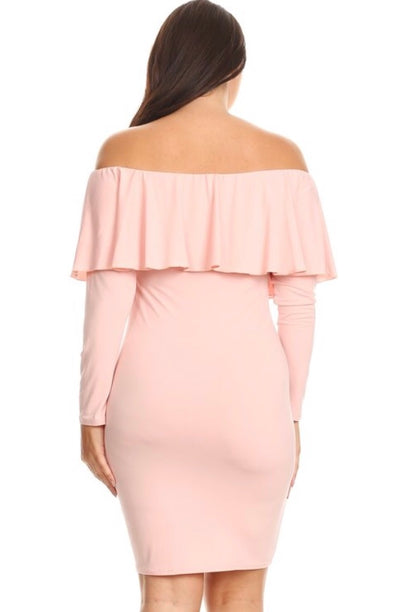 Plus Pink Off Shoulder Long Sleeve Bodycon Stretch Sexy Midi Dress