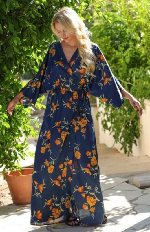 Navy Floral Kimono Tie Front Tassel Maxi Long Dress Womens Cocktail Party