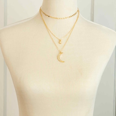 Gold Crescent Moon Star Trio Layer Necklace