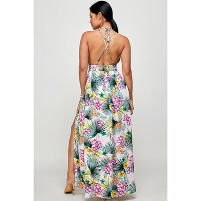 Purple Tropical Floral Palm Vacation Cruise Summer Sexy Slit Maxi Halter Dress