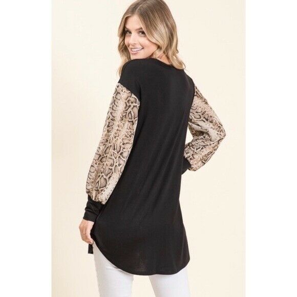 Black Snakeskin Print Relaxed Long Sleeve Top Casual Womens