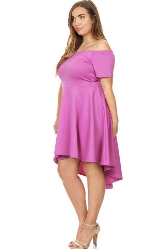 Plus Pink Dress Off Shoulder Hi Lo Short Sleeve Solid Cocktail Sexy Party