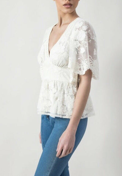 Dainty Cream Floral Lace Peplum Floral Top Casual Boho Blouse Womens