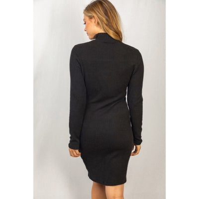 Black Ribbed Mock Neck Long Sleeve Cut Out Neckline Sexy Dress