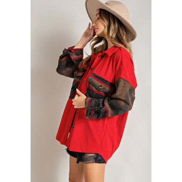 Red Corduroy Aztec Tribal Western Printed Shacket Shirt Jacket