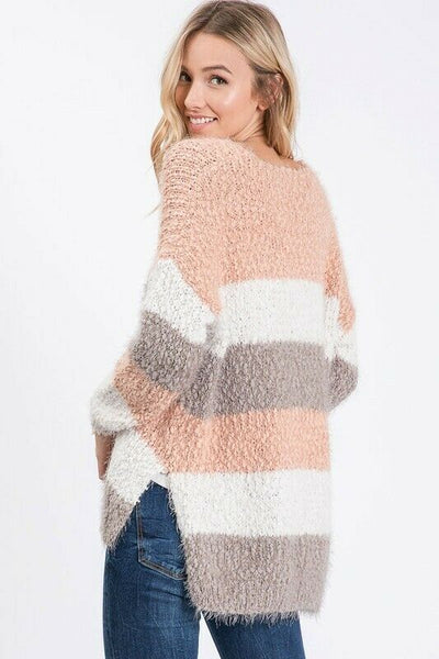 Blush Pink Striped Eyelash Popcorn Long Sleeve Casual Sweater Womens