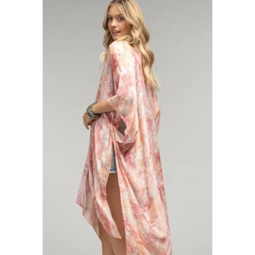 Pasadena Hills Pink Coral Watercolor Kimono Wrap Coverup Casual Layering Top