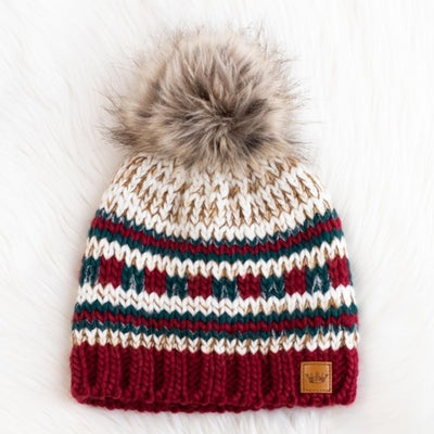 Multi Colored Holiday Beige Red Green Knit Faux Fur Pompom Beanie Winter Hat