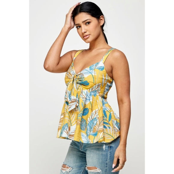 Honey Yellow Blue Tropical Floral Knotted Cami Babydoll Summer Vacation Tank Top